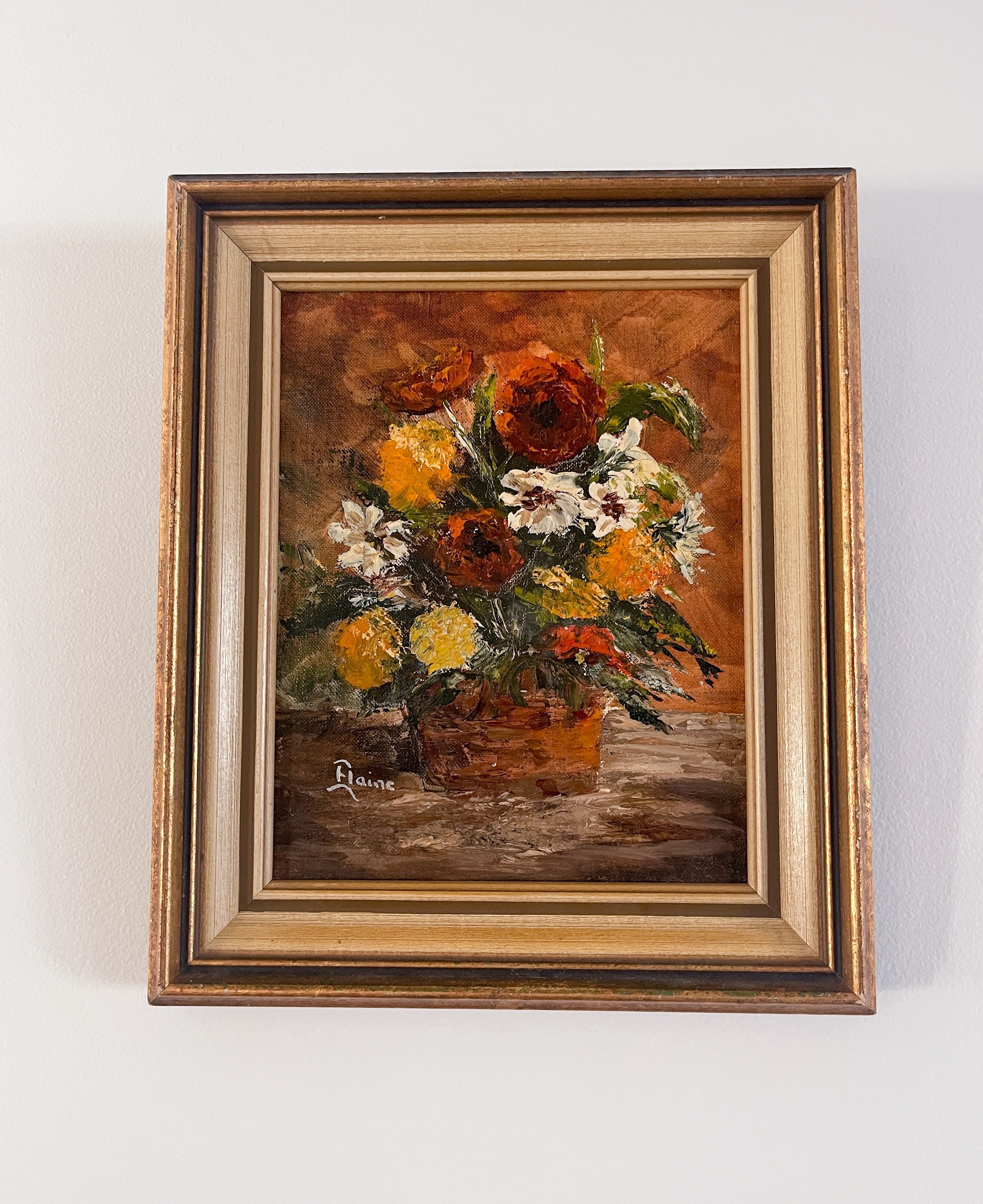 Small Vintage Signed Floral retailer Oil Painting by Elaine Framed 13