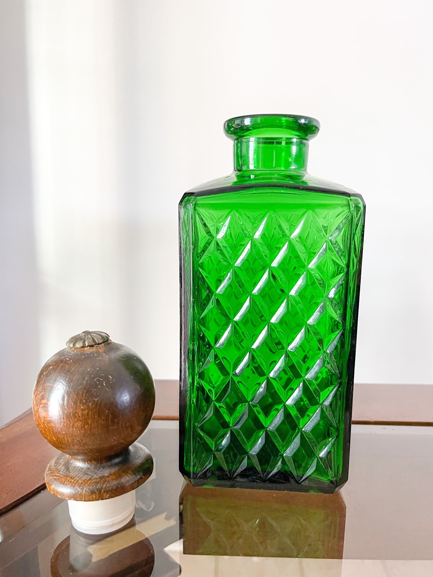 Vintage Emerald  Green Glass Decanter with Wooden Lid.
