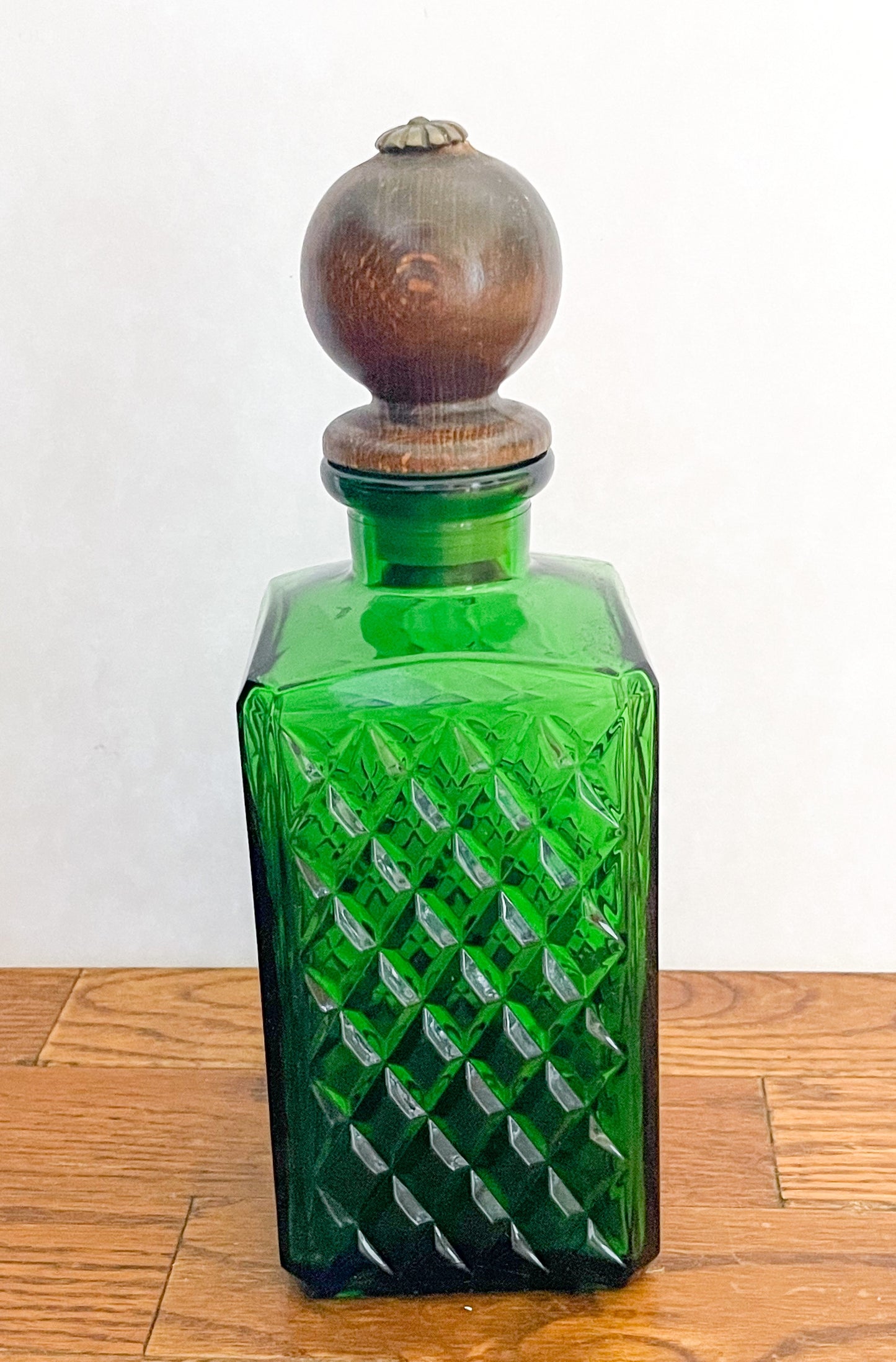 Vintage Emerald  Green Glass Decanter with Wooden Lid.